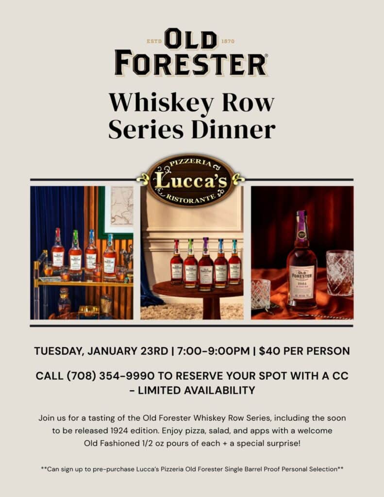 Lucca's Whiskey Row Series Dinner flyer and event details.