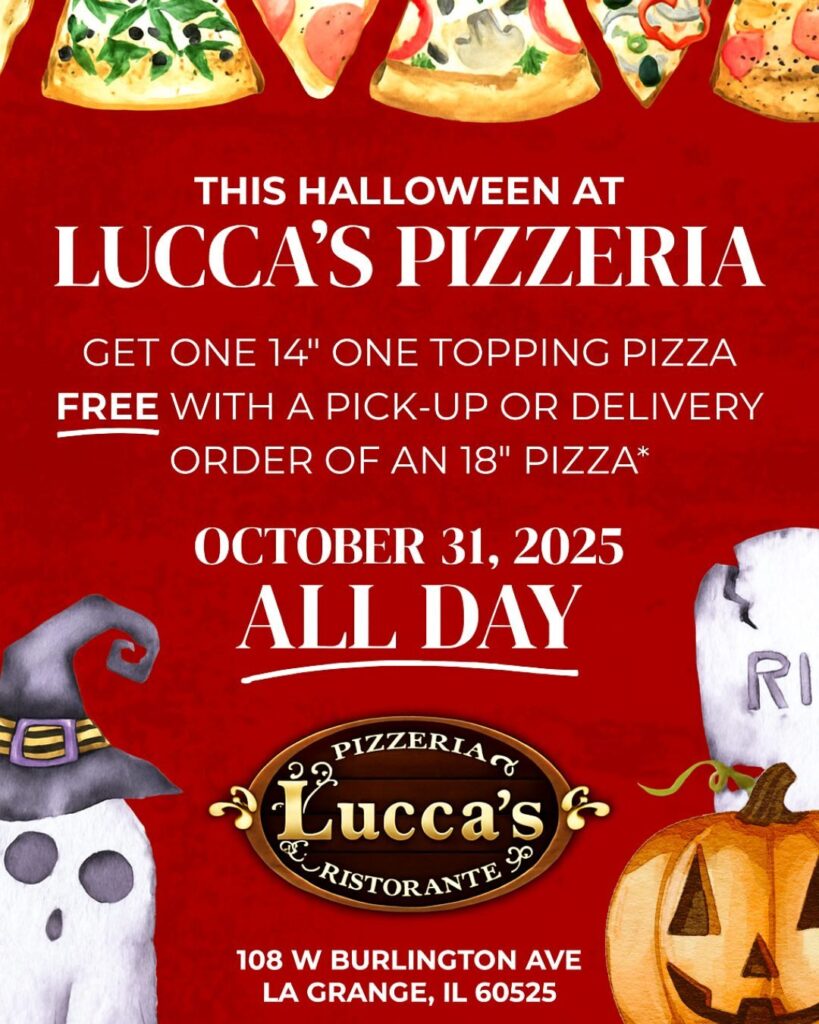 2025 Halloween Promo Graphic. Buy one 18" pizza get a 14" one topping pizza FREE