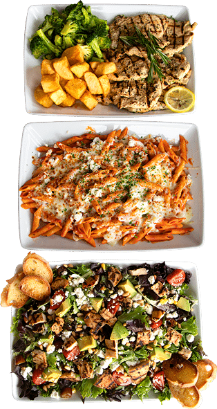 chicken and pasta and salad catering tray