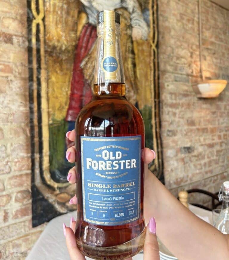 Bottle of Old Forester Single Barrel - Barrel Strength bourbon selected by Lucca's Pizzeria. 125.8 proof.