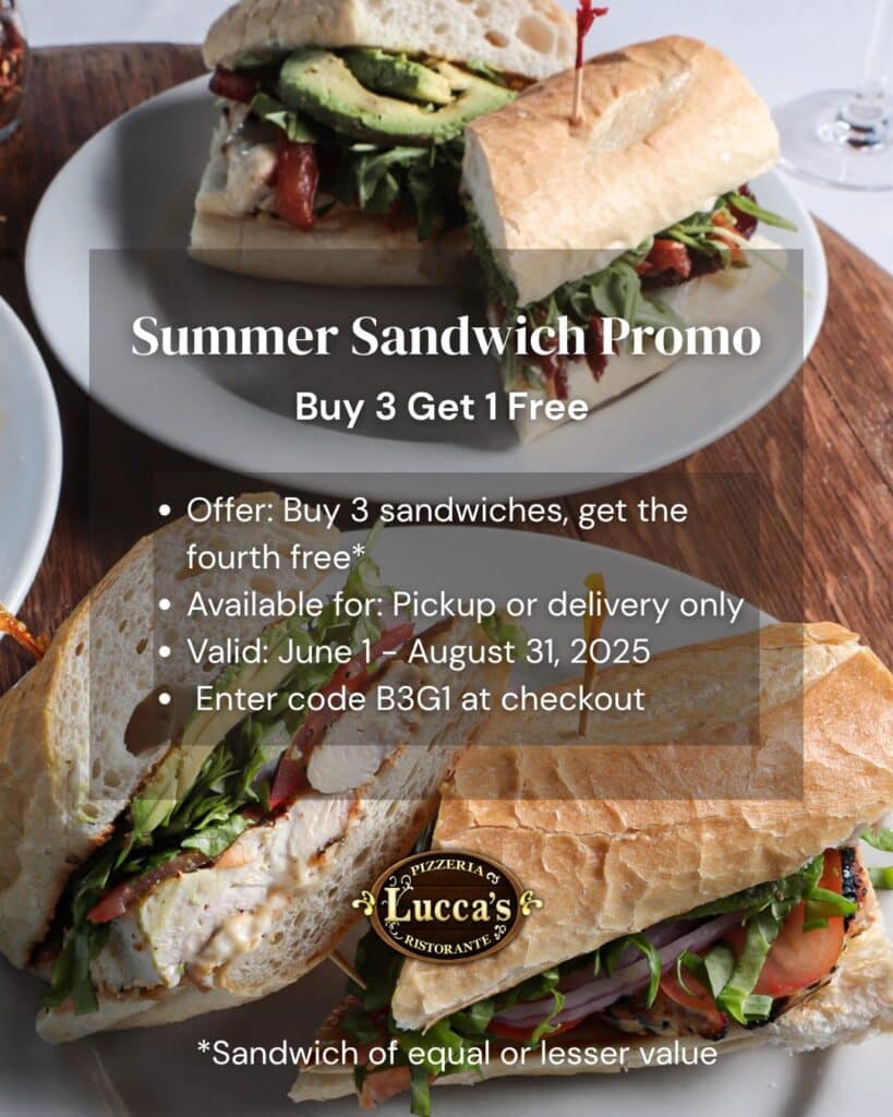 summer sandwich updated promo details. Use code B3G1 at checkout to receive a free sandwich after purchase of 3.